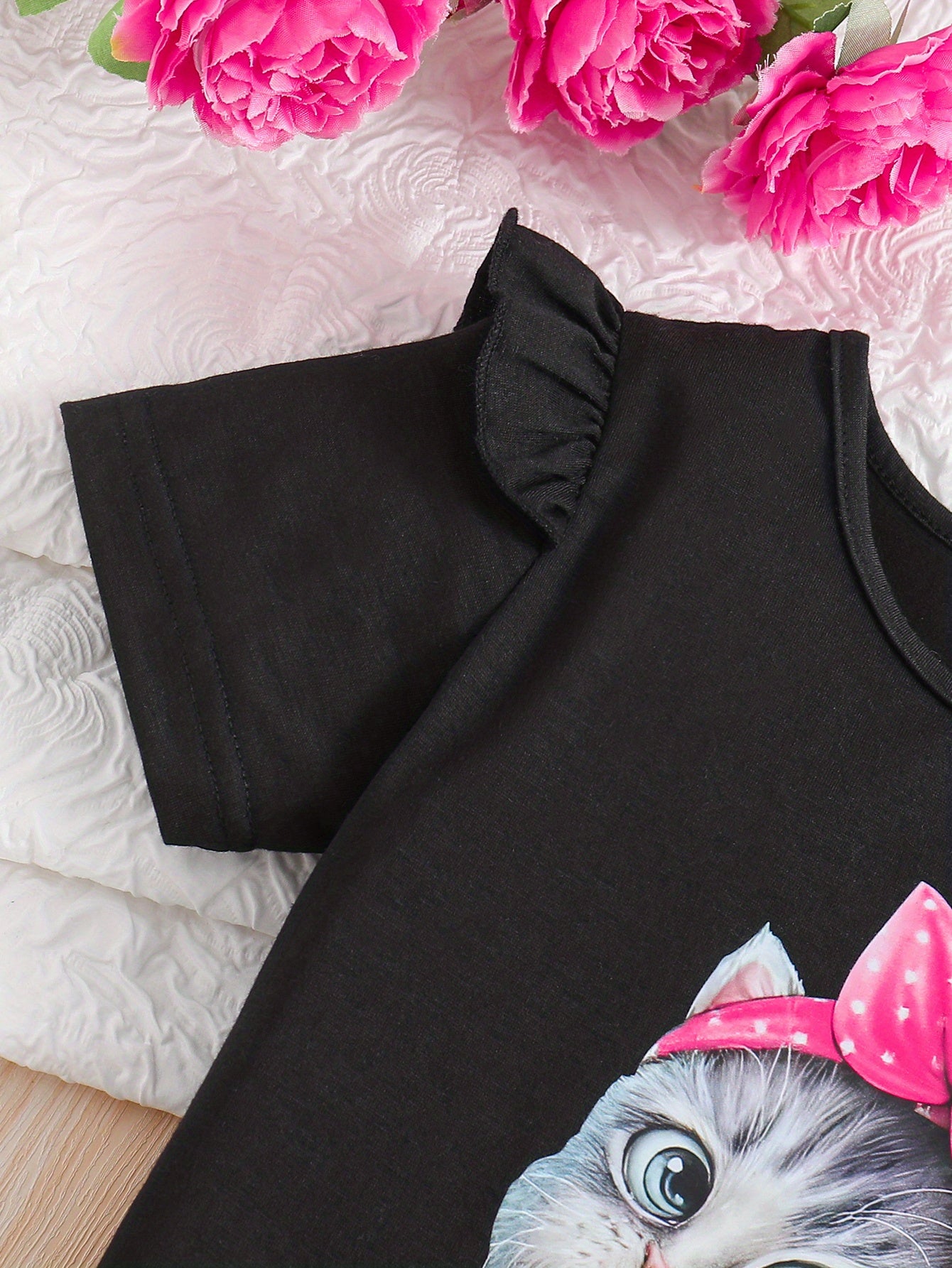 Summer Casual Round Neck Short Sleeve Printed Cat Pattern and Heart-Print Shor, Summer Outfit, Fashion, Cute Design, Playful Pattern, Soft Texture, Durable Clothing, 's Apparel, Little, 's Wear, Perfect for Outdoor