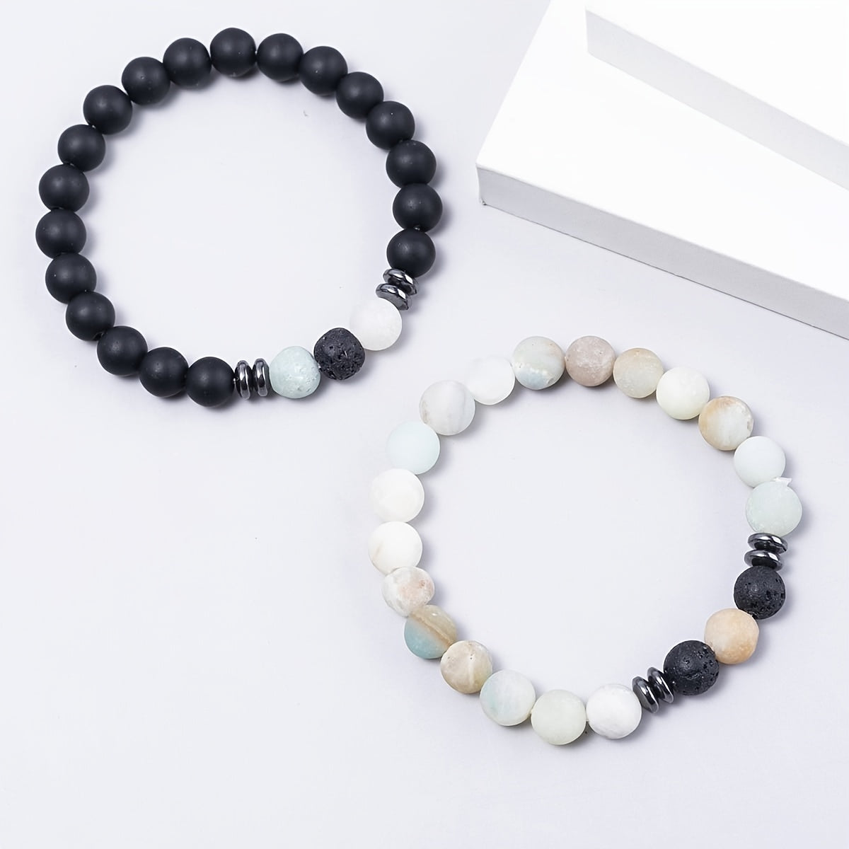 Tiger Eye Beaded Couple Bracelet Set, Men's Agate Stretch Bracelet