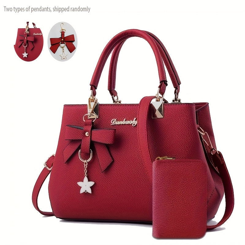 Chic Bow Decor Crossbody Bag for Women - Versatile Top Handle Satchel with Coin Purse, Adjustable Strap, and Zip Closure - Available in Khaki, Dark Pink, Light Blue, Black - Synthetic Material with Acrylic Lining, Cute Handba
