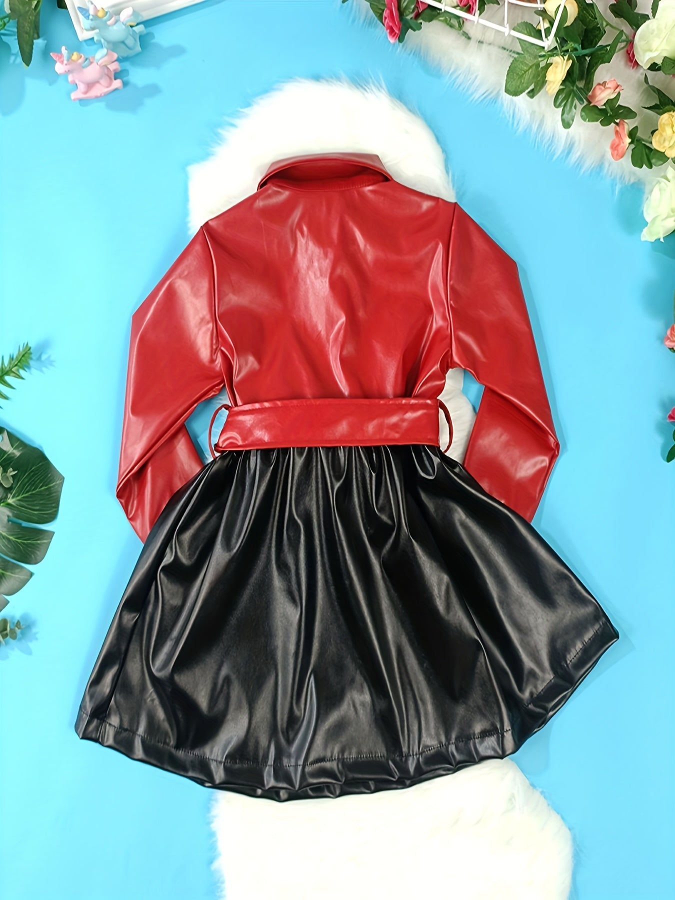 Vibrant Color Block PU Leather Dress for Girls - Stylish Button Lapel Design, Adjustable Belt, and Comfortable Fit for Kids' Everyday Wear