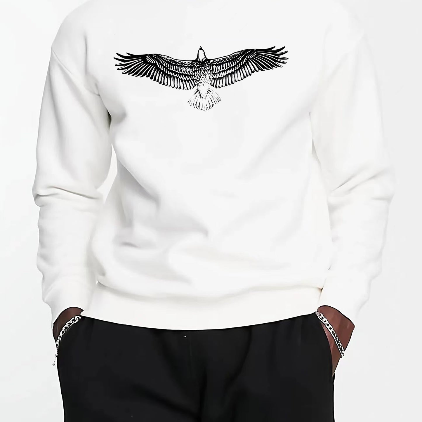 Big Eagle Print Men's Crew Neck Long Sleeve Sweatshirt, Casual Wear, Men's Clothing
