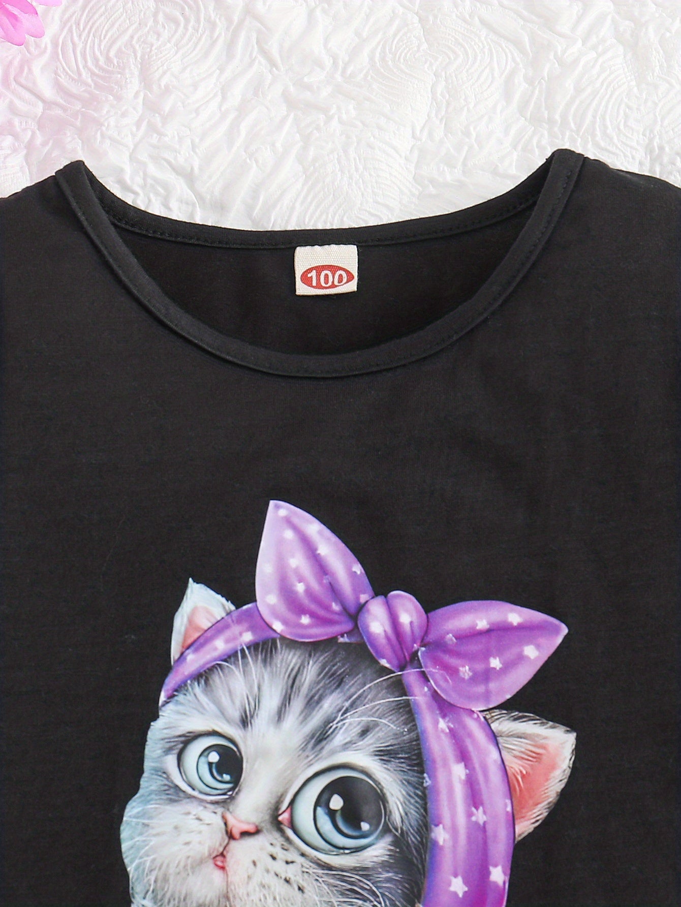 Summer Casual Round Neck Short Sleeve Printed Cat Pattern and Heart-Print Shor, Summer Outfit, Fashion, Cute Design, Playful Pattern, Soft Texture, Durable Clothing, 's Apparel, Little, 's Wear, Perfect for Outdoor