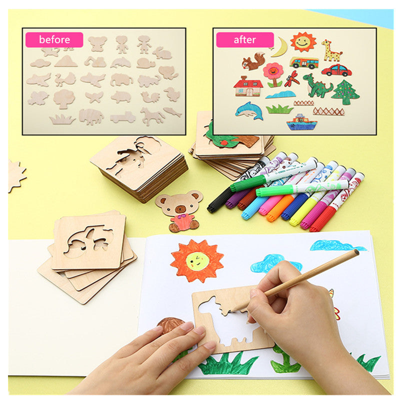 20pcs Wooden Drawing Stencils Kit, Drawing Board Toys Coloring Puzzle Arts Crafts Set, Educational Toys halloween christmas gift