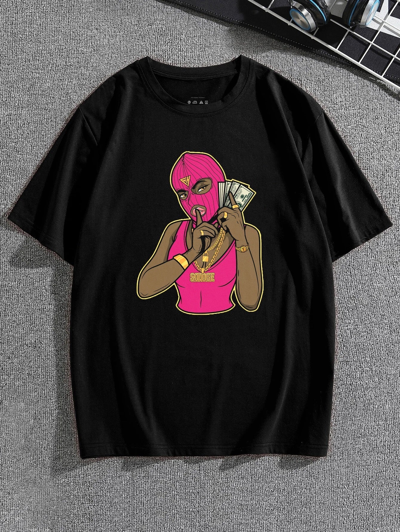 Plus Size Men's Casual Graphic Tees For Summer, Pink Savage Print Crew Neck Oversized T-shirts, Trendy Chic Outfit Men's Clothings