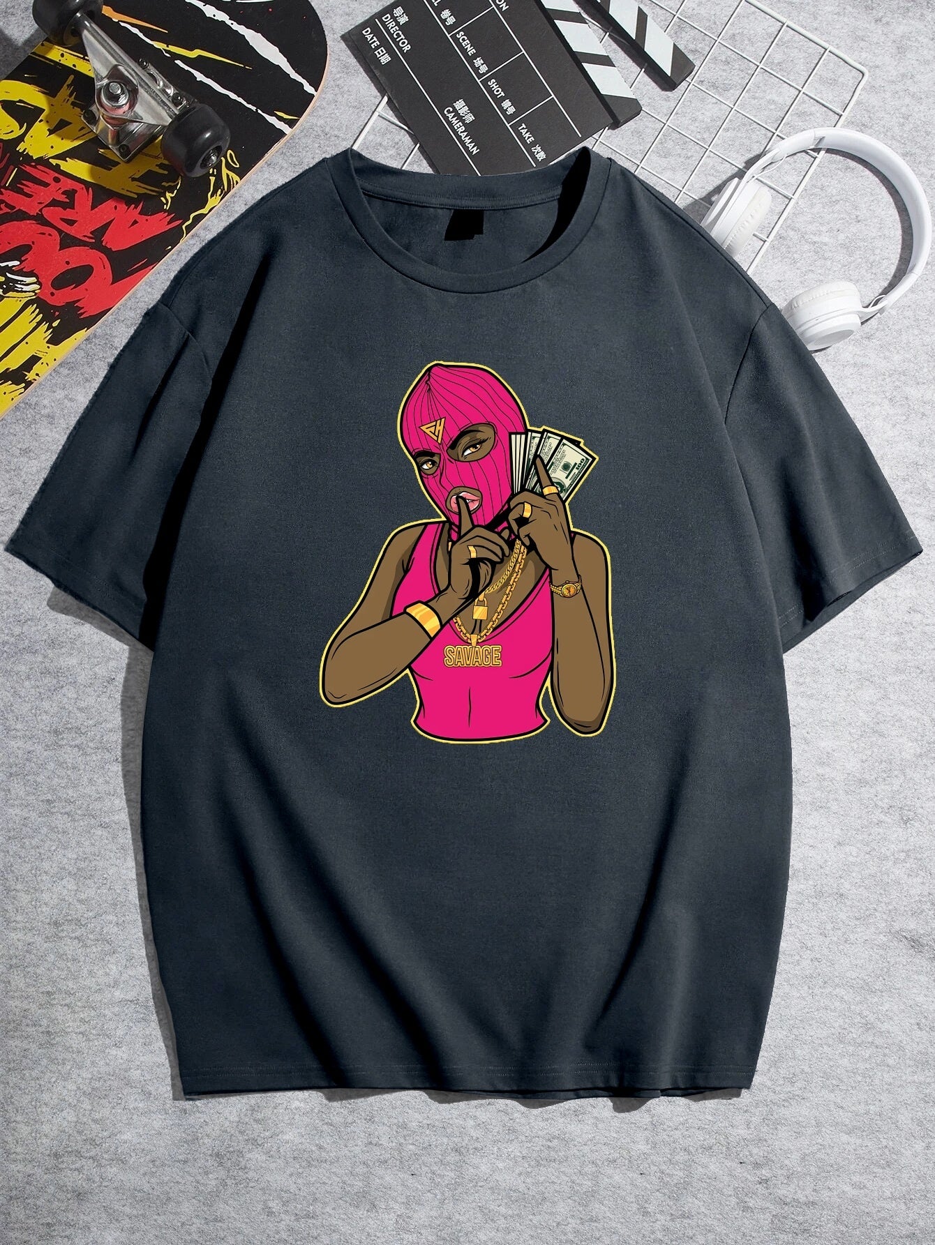 Plus Size Men's Casual Graphic Tees For Summer, Pink Savage Print Crew Neck Oversized T-shirts, Trendy Chic Outfit Men's Clothings