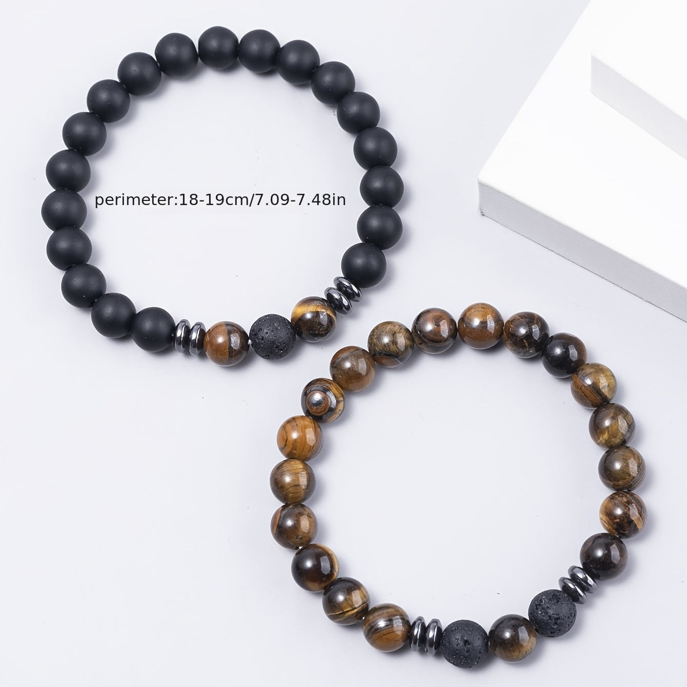 Tiger Eye Beaded Couple Bracelet Set, Men's Agate Stretch Bracelet