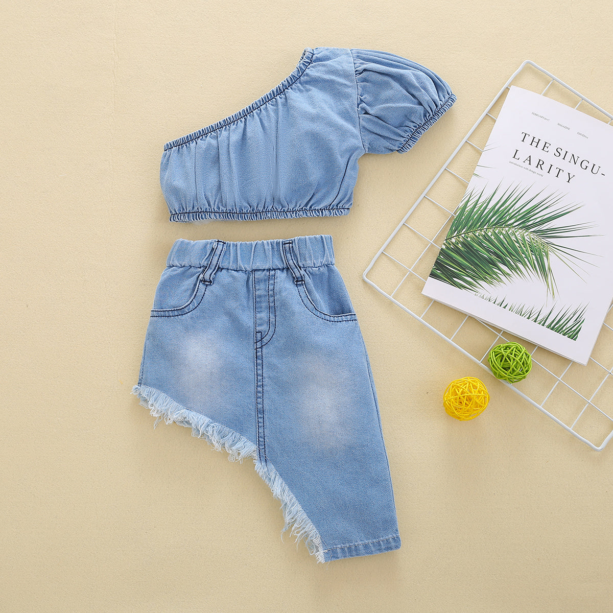 Girls Chic Denim Outfit - Premium Fabric, Slant Shoulder Top, Irregular Raw Hem Skirt, Complete Set for Girls - Trendy and Comfortable Denim Set for Everyday Wear