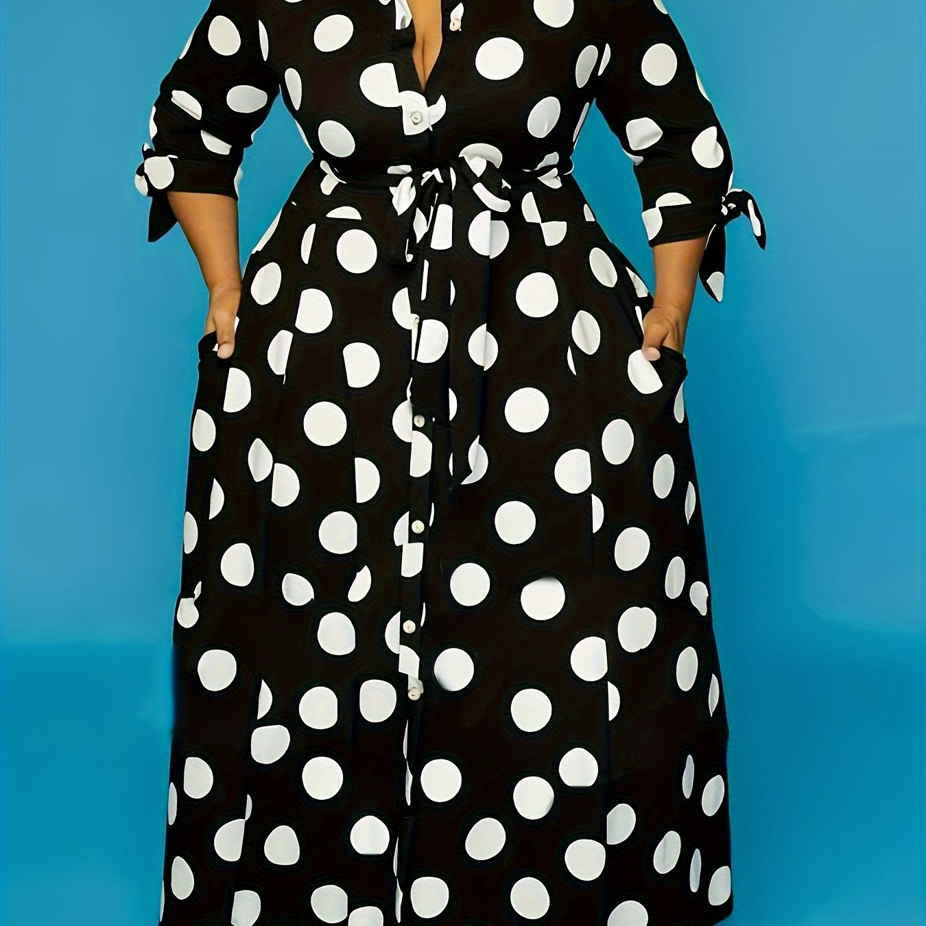 Plus Size Elegant Dress, Women's Plus Polka Dots Print Button Up Collared Belted Maxi Dress
