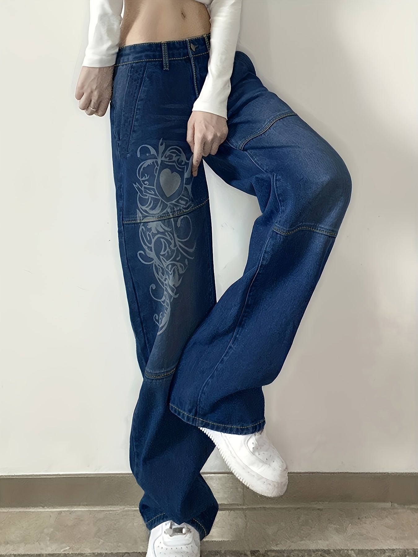 White Floral Print Thigh High Rise Loose Baggy Fit Straight Lets Plicated Hem Sectional Design High Waist Boyfriend Jeans, Women's Denim Jeans, Women's Clothing