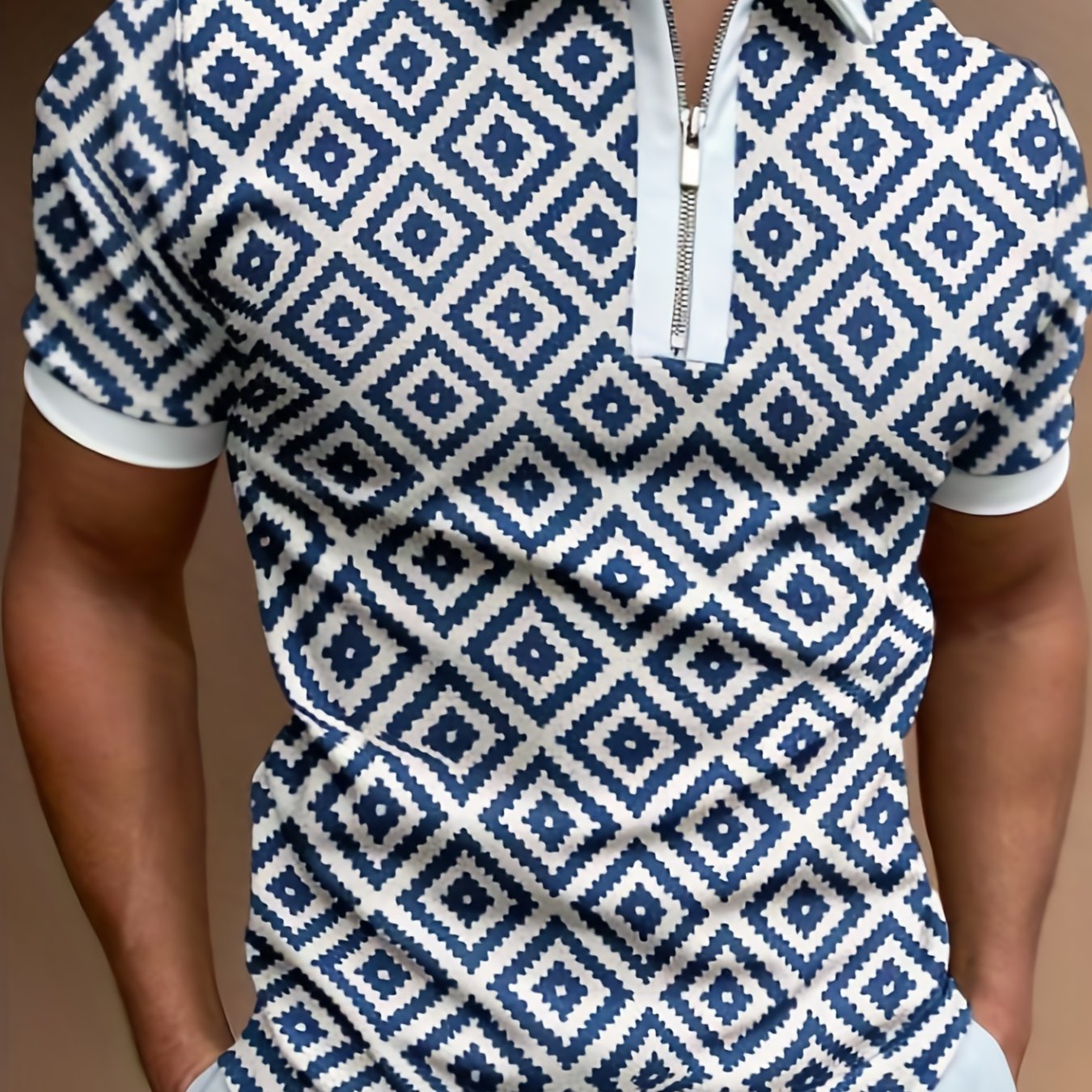 Geometric Pattern Print Men's Casual Short Sleeves Zipper Graphic Shirts, Lapel Collar Tops Pullovers, Men's Clothing For Summer