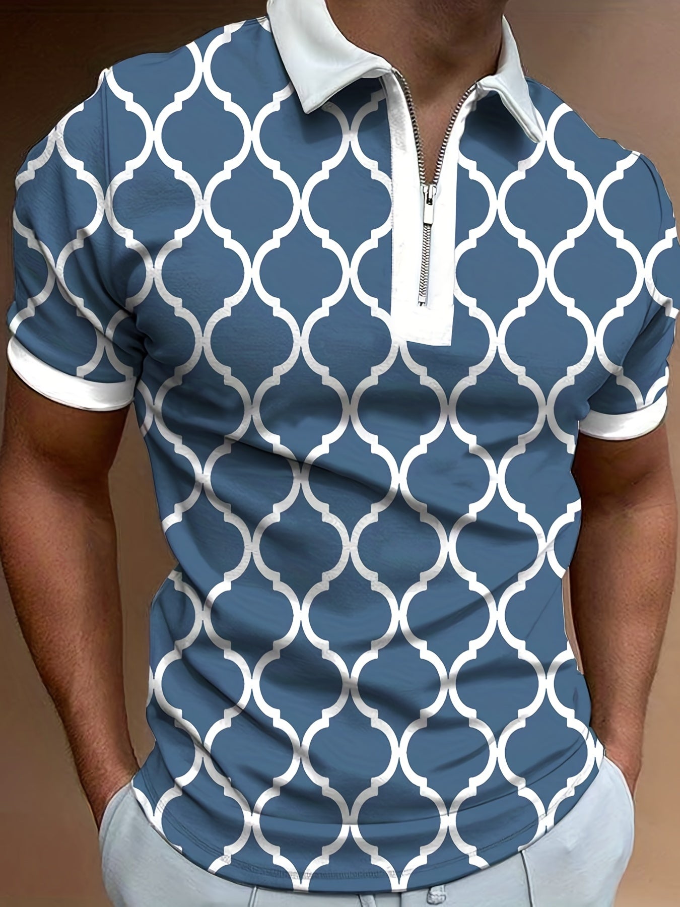 Geometric Pattern Print Men's Casual Short Sleeves Zipper Graphic Shirts, Lapel Collar Tops Pullovers, Men's Clothing For Summer