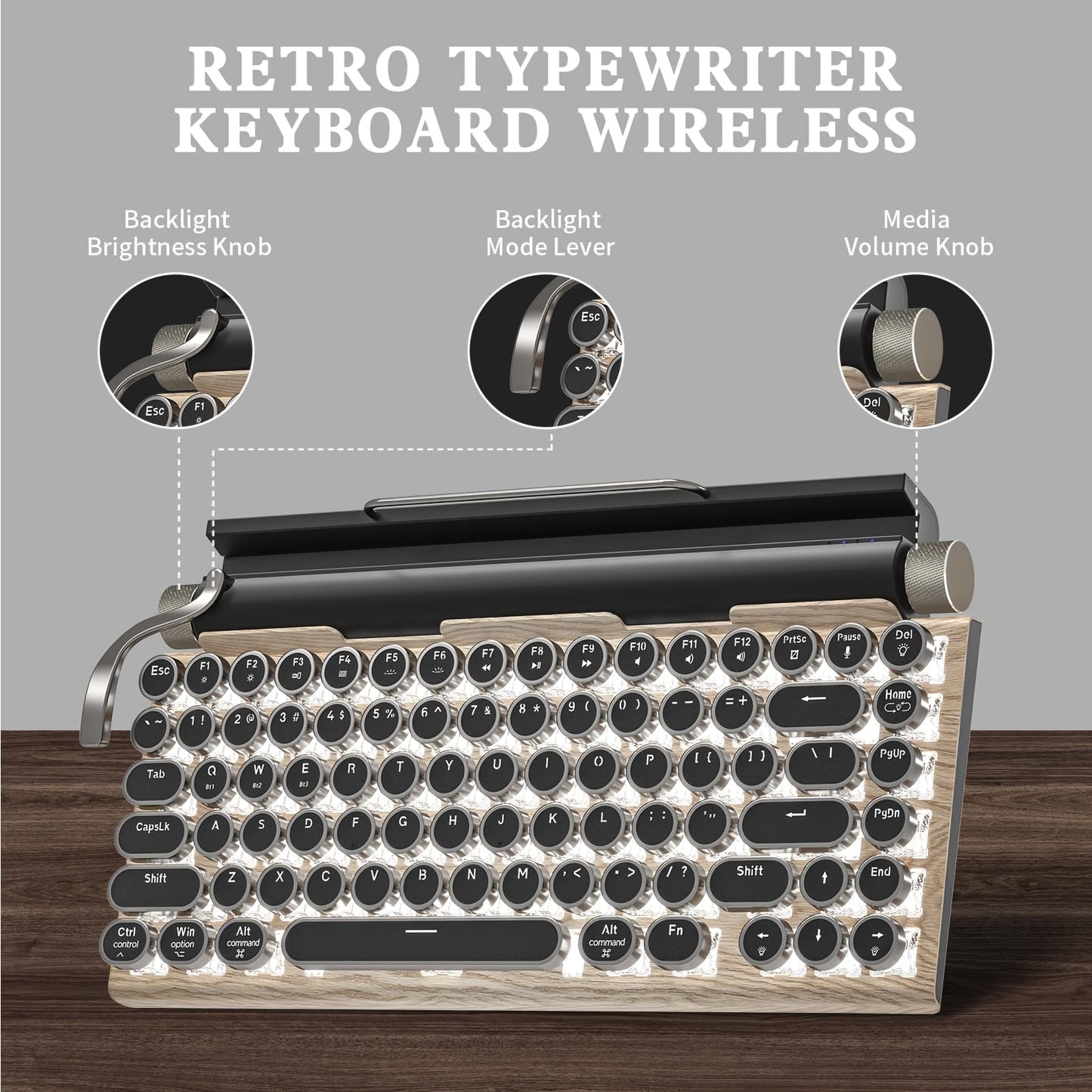 Wired & Wireless Retro Multi-Device Mechanical Typewriter, Compact 80% Layout Keyboard, Hotswappable, Wireless 5.0, Round Keycaps, LED Backlit, For Windows/IOS/Android/Linux