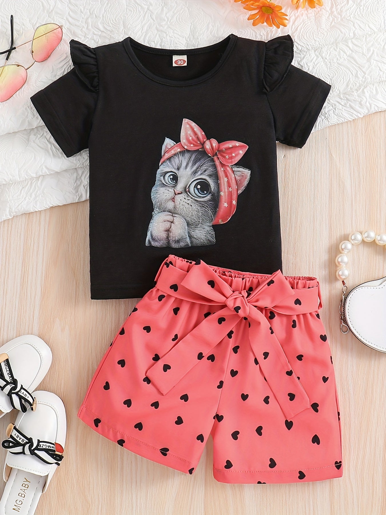 Summer Casual Round Neck Short Sleeve Printed Cat Pattern and Heart-Print Shor, Summer Outfit, Fashion, Cute Design, Playful Pattern, Soft Texture, Durable Clothing, 's Apparel, Little, 's Wear, Perfect for Outdoor