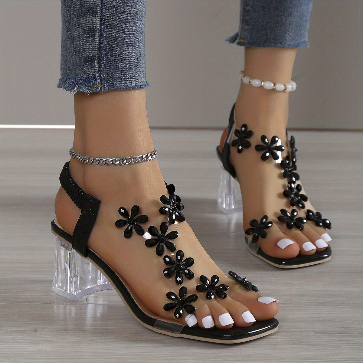 Glittering Flower Rhinestone Block Heel Sandals - Square Open Toe with Elastic Slip-On Straps - Dazzling High Heels for Versatile Fashion