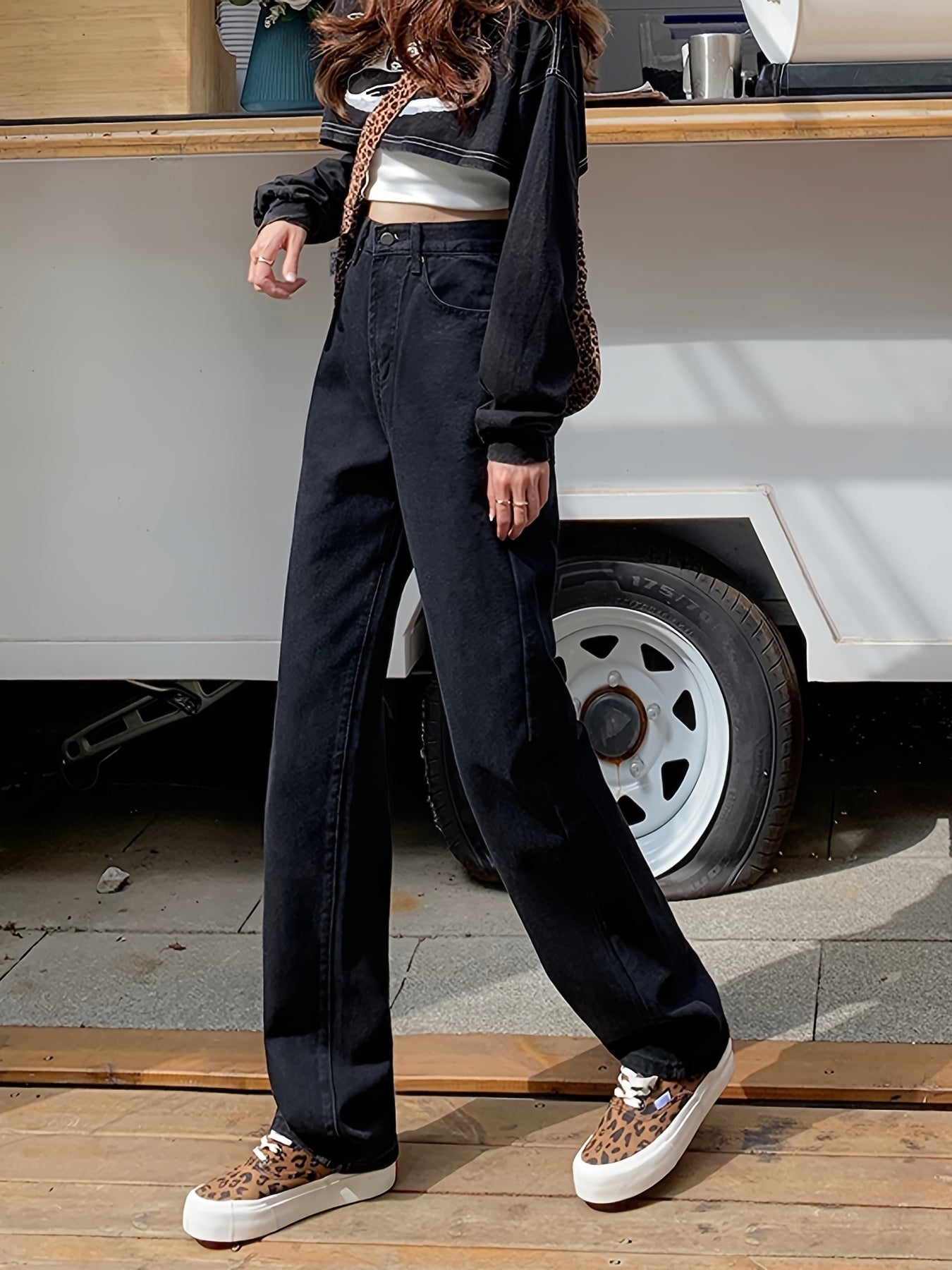 Plain High Rise High Waist Straight Jeans, Loose Fit Wide Legs Zipper Button Closure Boyfriends Jeans, Women's Denim Jeans & Clothing