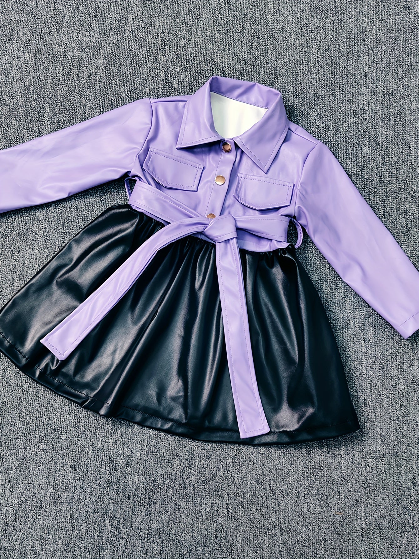 Vibrant Color Block PU Leather Dress for Girls - Stylish Button Lapel Design, Adjustable Belt, and Comfortable Fit for Kids' Everyday Wear
