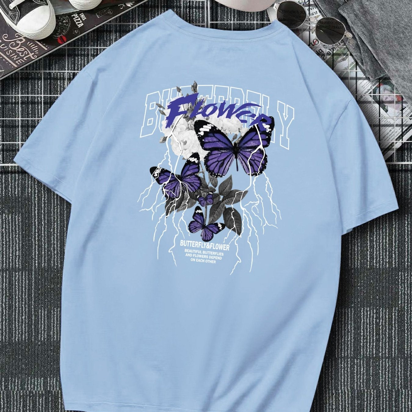 Plus Size Butterfly Men's Casual Trendy Graphic Print Comfortable Crew Neck Short Sleeve T-shirts, Summer Oversized Loose Tees