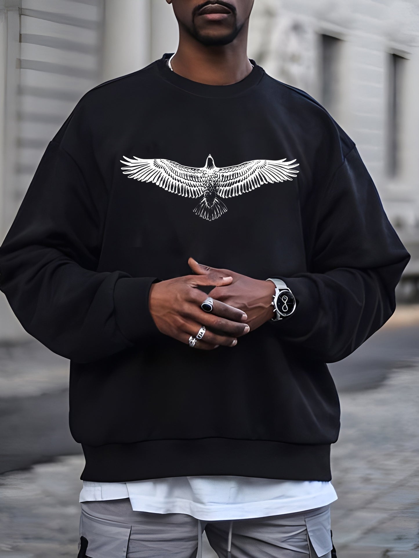Big Eagle Print Men's Crew Neck Long Sleeve Sweatshirt, Casual Wear, Men's Clothing