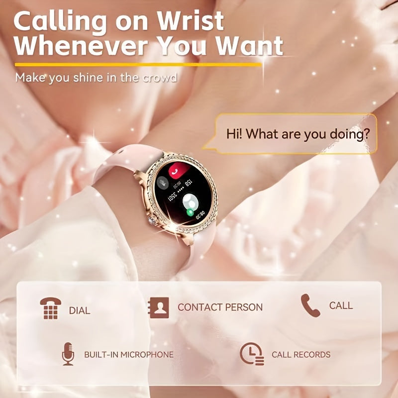 JELLOO Women'S Fashion Smart Watch - 3.35cm HD Full Touch Screen, Wireless Calls, IP68, Rechargeable Lithium Battery, Rose Golden & Pearl Accents, Perfect for iPhone & Android, Stylish Accessory|Rose Golden Watch|Lithium Batt