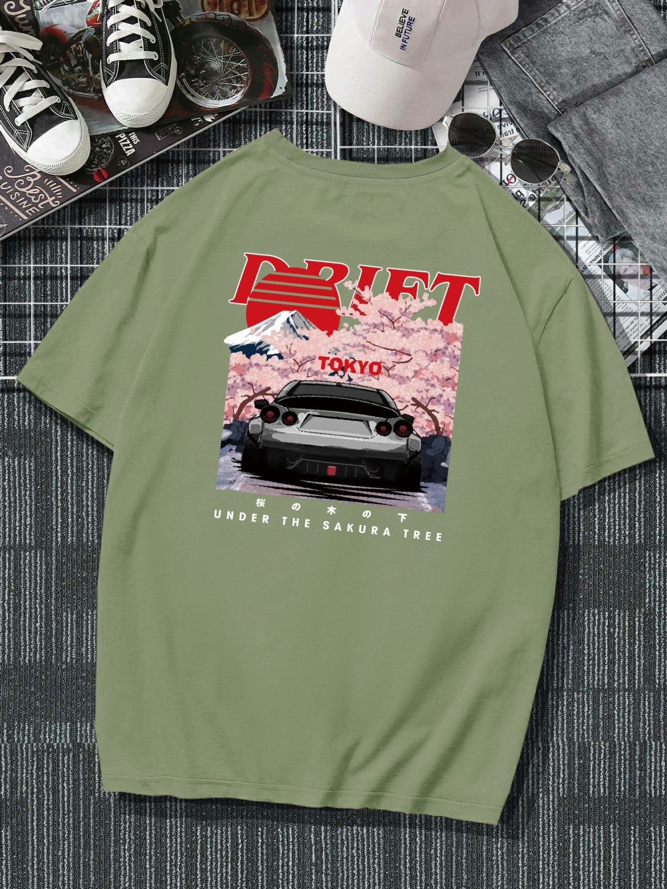 Plus Size Drift Car Men's Casual Trendy Graphic Print Comfortable Crew Neck Short Sleeve T-shirts, Summer Oversized Loose Tees