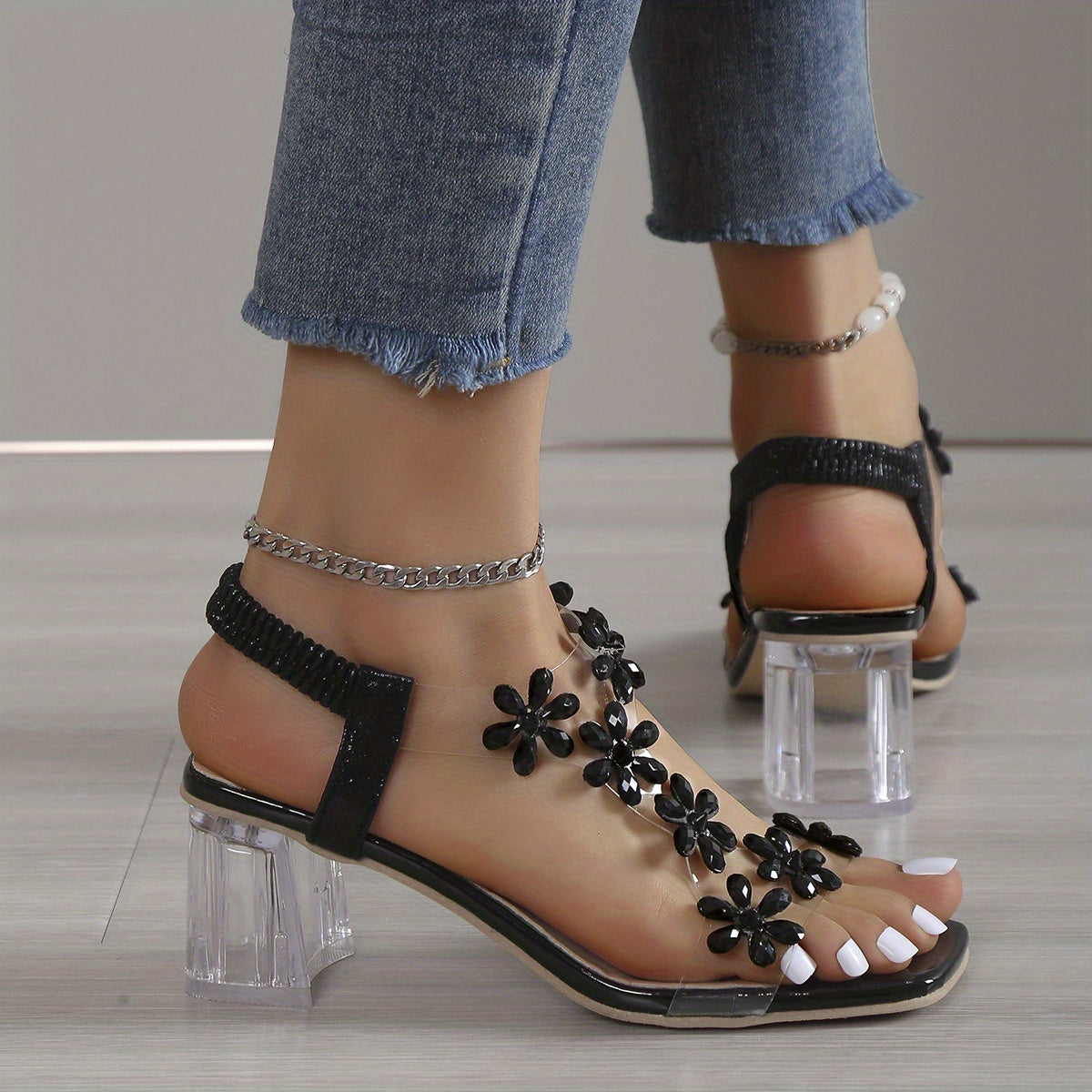 Glittering Flower Rhinestone Block Heel Sandals - Square Open Toe with Elastic Slip-On Straps - Dazzling High Heels for Versatile Fashion