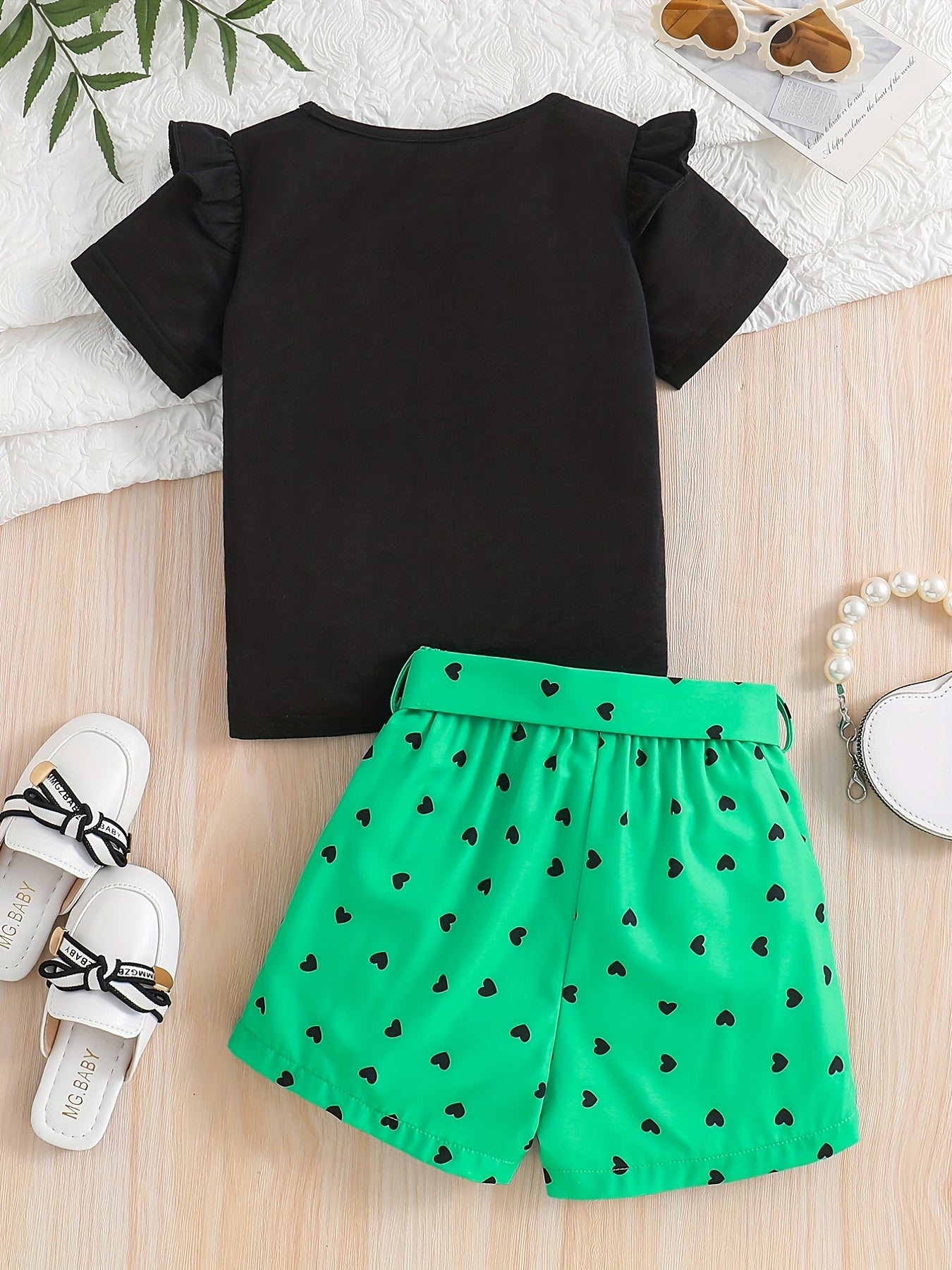 Summer Casual Round Neck Short Sleeve Printed Cat Pattern and Heart-Print Shor, Summer Outfit, Fashion, Cute Design, Playful Pattern, Soft Texture, Durable Clothing, 's Apparel, Little, 's Wear, Perfect for Outdoor