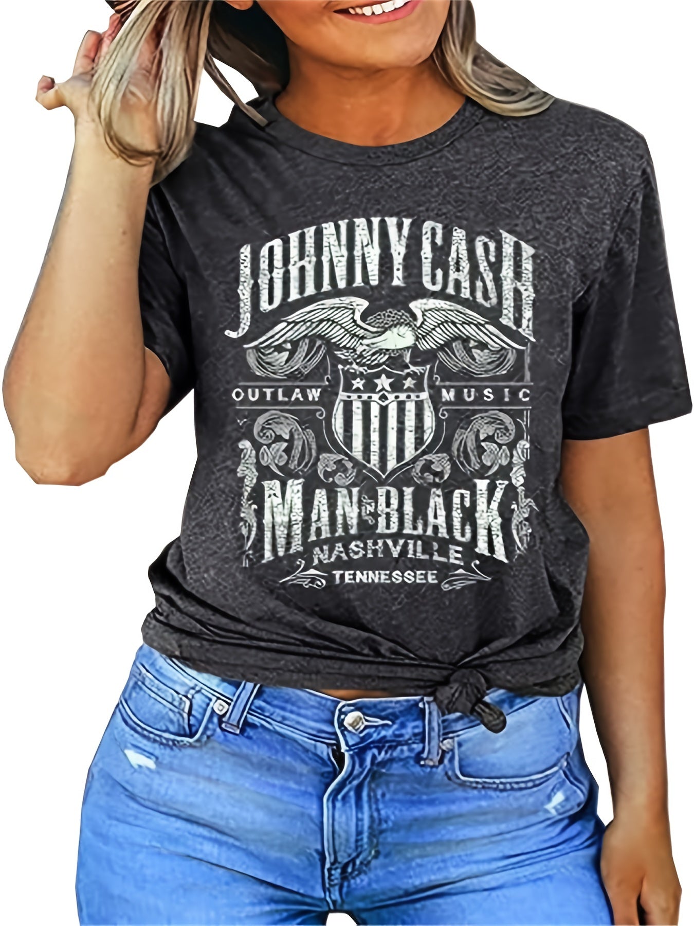 Vintage Country Music Festival Print T-Shirt, Retro Style Short Sleeve Crew Neck Casual Top For All Season, Women's Clothing