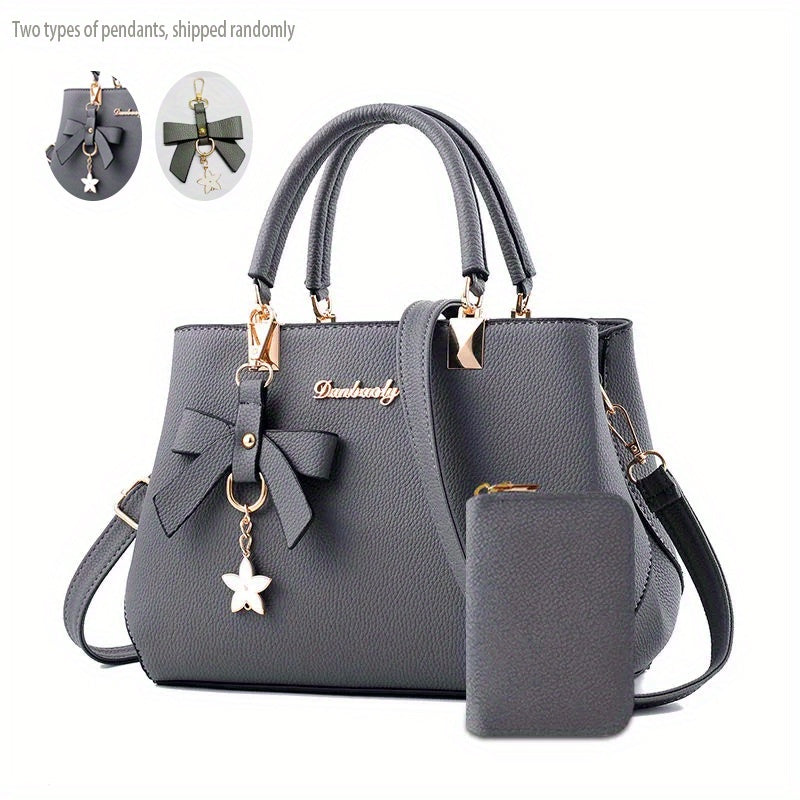 Chic Bow Decor Crossbody Bag for Women - Versatile Top Handle Satchel with Coin Purse, Adjustable Strap, and Zip Closure - Available in Khaki, Dark Pink, Light Blue, Black - Synthetic Material with Acrylic Lining, Cute Handba