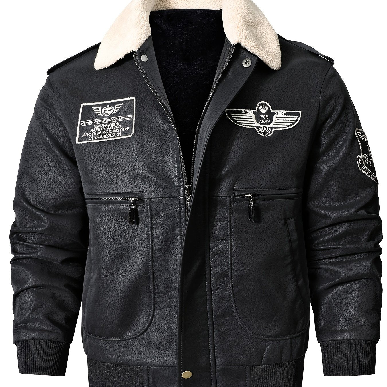 Men's Vintage Bomber Jacket - Motorcycle Flight Coat with Fleece Lining, Brown Military Style Winter Outerwear, Patches, Zipper Closure, Slim Fit, Casual Retro Look, Cold Weather Gear | Military Style Jacket | Ribbed Cuffs Ja