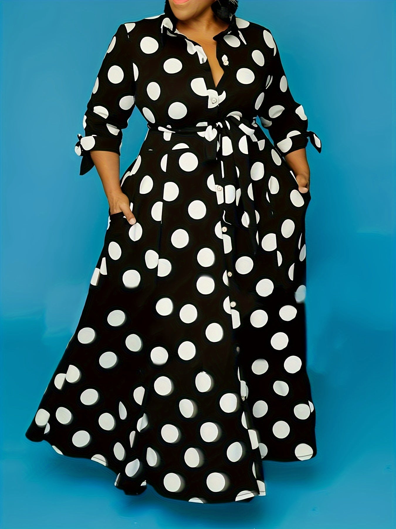 Plus Size Elegant Dress, Women's Plus Polka Dots Print Button Up Collared Belted Maxi Dress