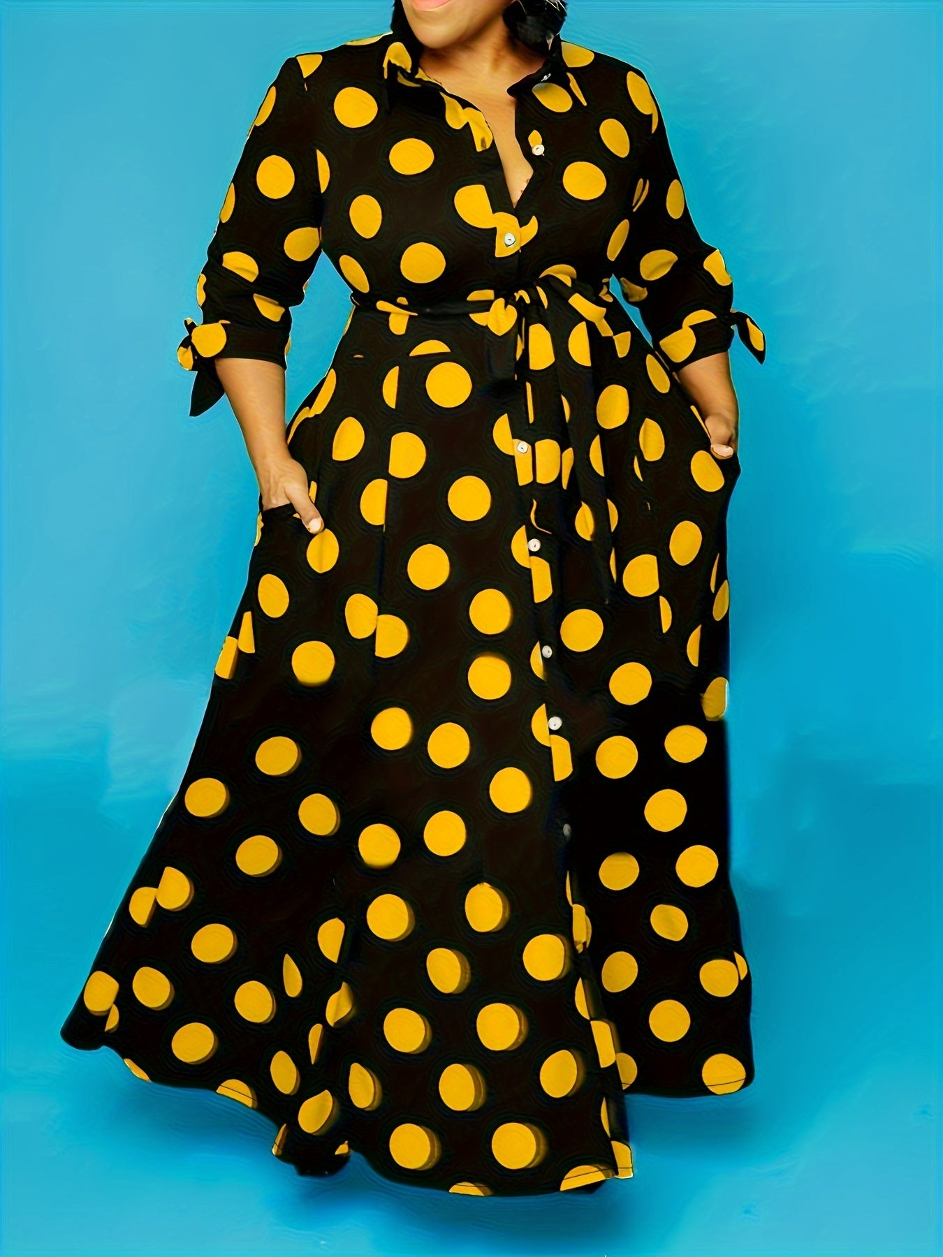 Plus Size Elegant Dress, Women's Plus Polka Dots Print Button Up Collared Belted Maxi Dress