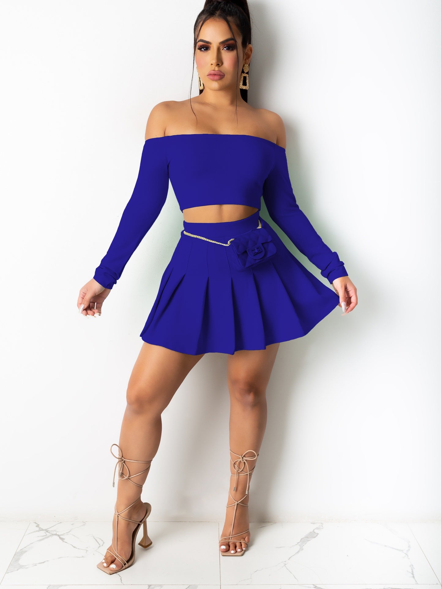 Solid Elegant Two-piece Set, Off Shoulder Long Sleeve Crop Top & Pleated Mini Skirt Outfits, Women's Clothing