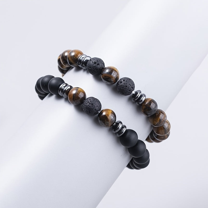 Tiger Eye Beaded Couple Bracelet Set, Men's Agate Stretch Bracelet