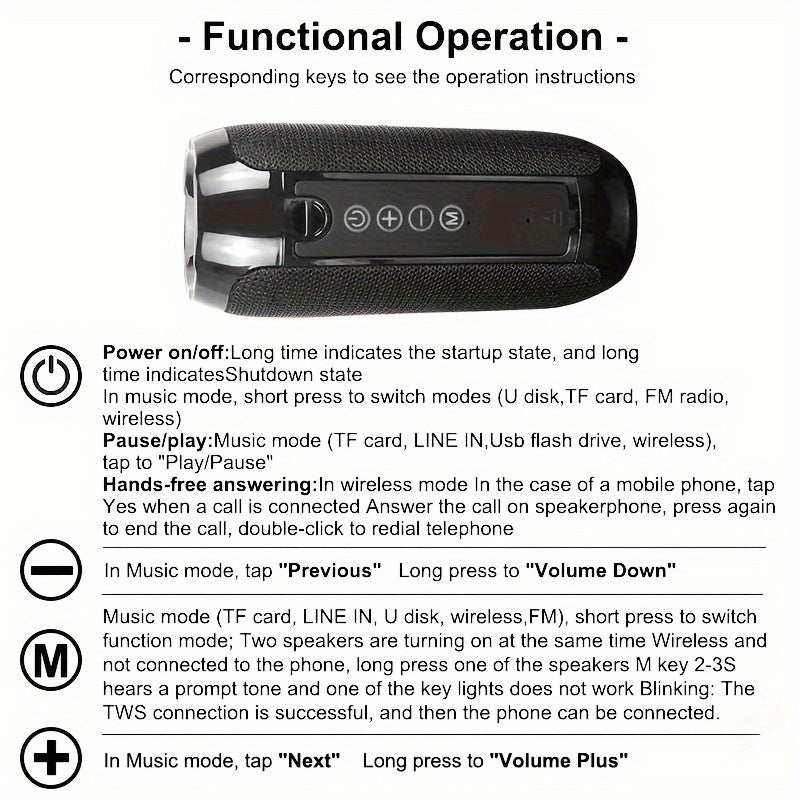 TG117 Portable Wireless Stereo Speaker System - Twin Speaker TWS Technology, Built-in Mic for Hands-Free Calls, FM Radio, TF Card & USB Playback - Perfect for Travel, Outdoor Adventures, and Indoor Entertainment
