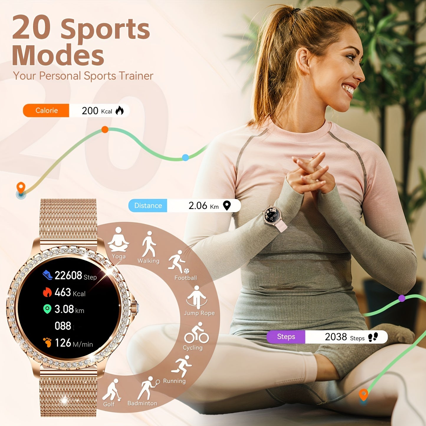 JELLOO Women'S Fashion Smart Watch - 3.35cm HD Full Touch Screen, Wireless Calls, IP68, Rechargeable Lithium Battery, Rose Golden & Pearl Accents, Perfect for iPhone & Android, Stylish Accessory|Rose Golden Watch|Lithium Batt