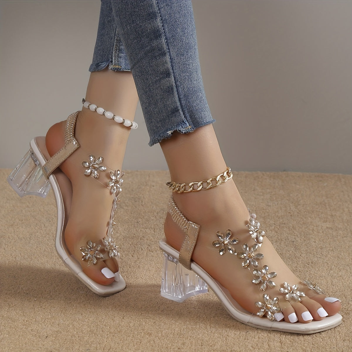 Glittering Flower Rhinestone Block Heel Sandals - Square Open Toe with Elastic Slip-On Straps - Dazzling High Heels for Versatile Fashion