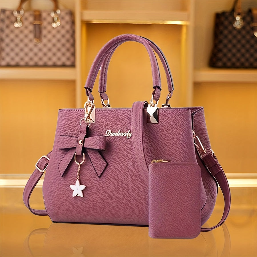 Chic Bow Decor Crossbody Bag for Women - Versatile Top Handle Satchel with Coin Purse, Adjustable Strap, and Zip Closure - Available in Khaki, Dark Pink, Light Blue, Black - Synthetic Material with Acrylic Lining, Cute Handba