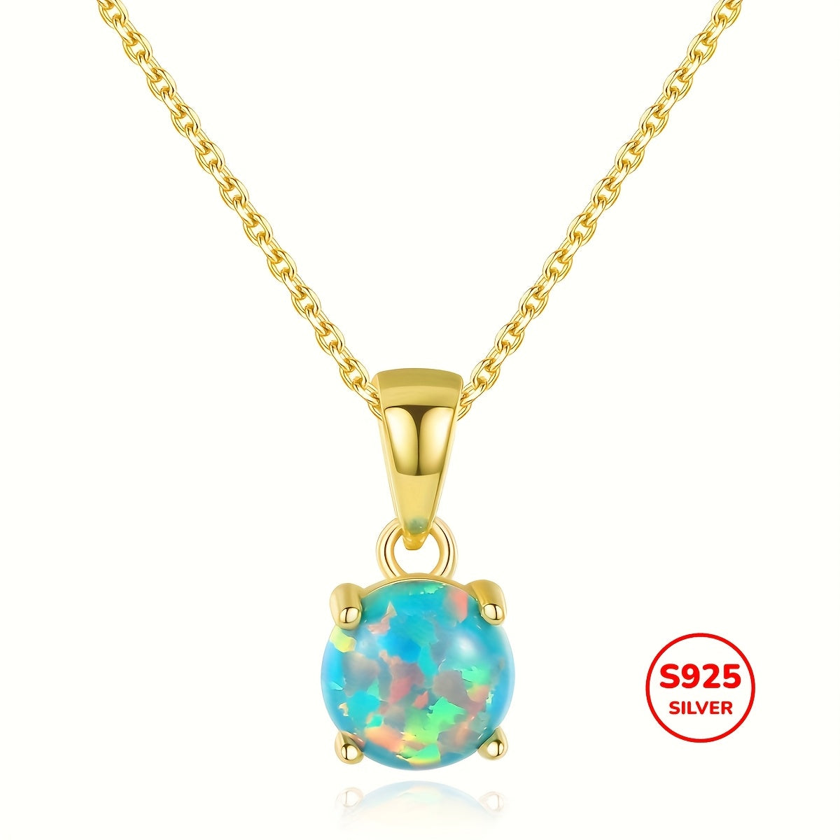 925 Sterling Silvery Synthetic Opal Pendant Necklace for Women, Elegant/Sexy Style, Golden Chain Jewelry Accessory