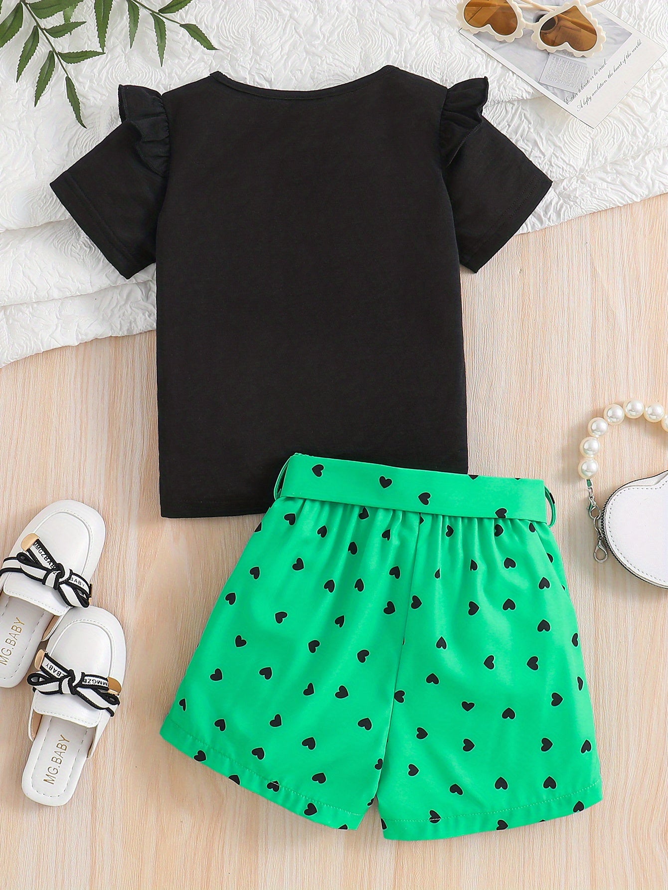 Summer Casual Round Neck Short Sleeve Printed Cat Pattern and Heart-Print Shor, Summer Outfit, Fashion, Cute Design, Playful Pattern, Soft Texture, Durable Clothing, 's Apparel, Little, 's Wear, Perfect for Outdoor