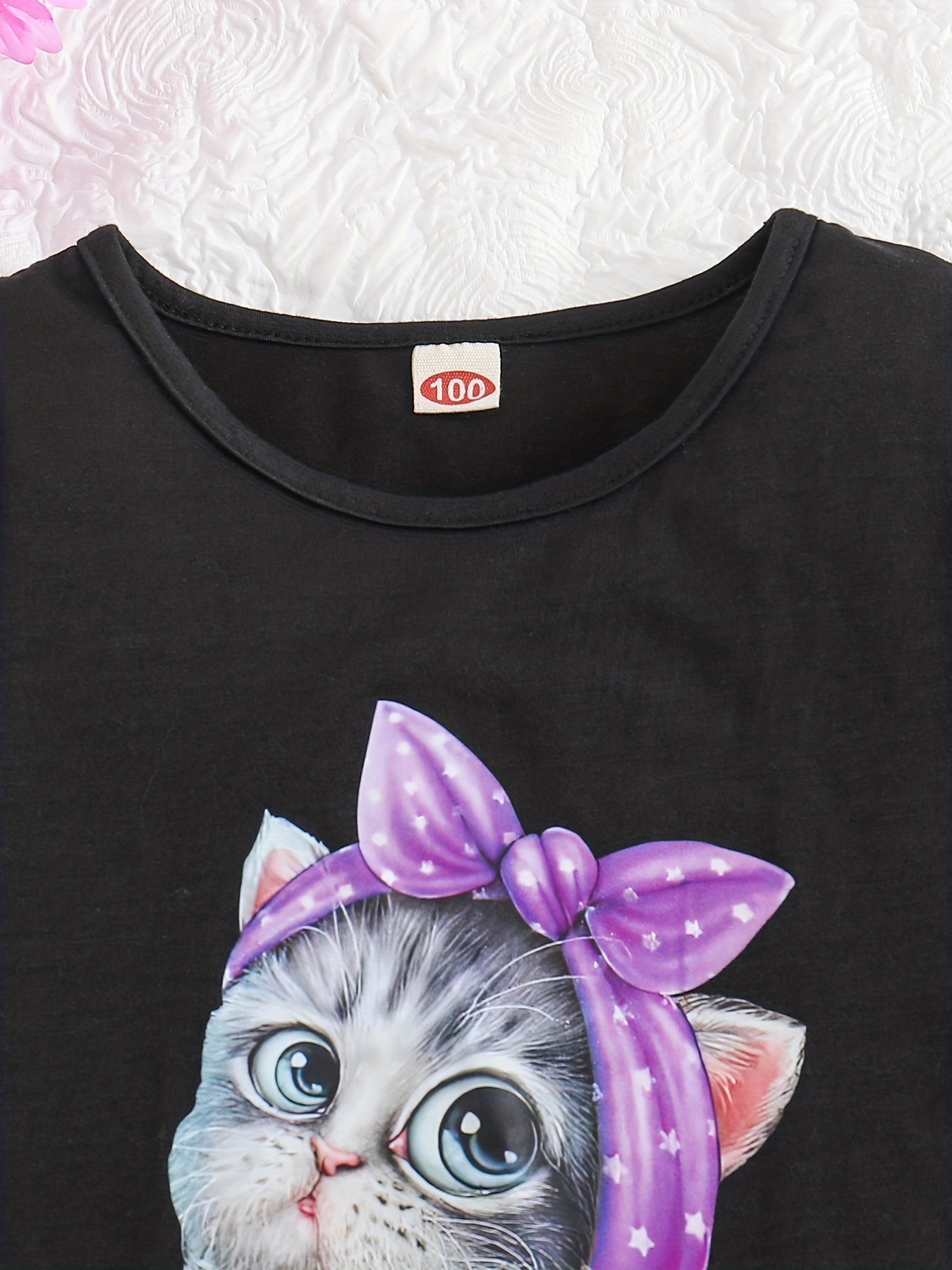 Summer Casual Round Neck Short Sleeve Printed Cat Pattern and Heart-Print Shor, Summer Outfit, Fashion, Cute Design, Playful Pattern, Soft Texture, Durable Clothing, 's Apparel, Little, 's Wear, Perfect for Outdoor