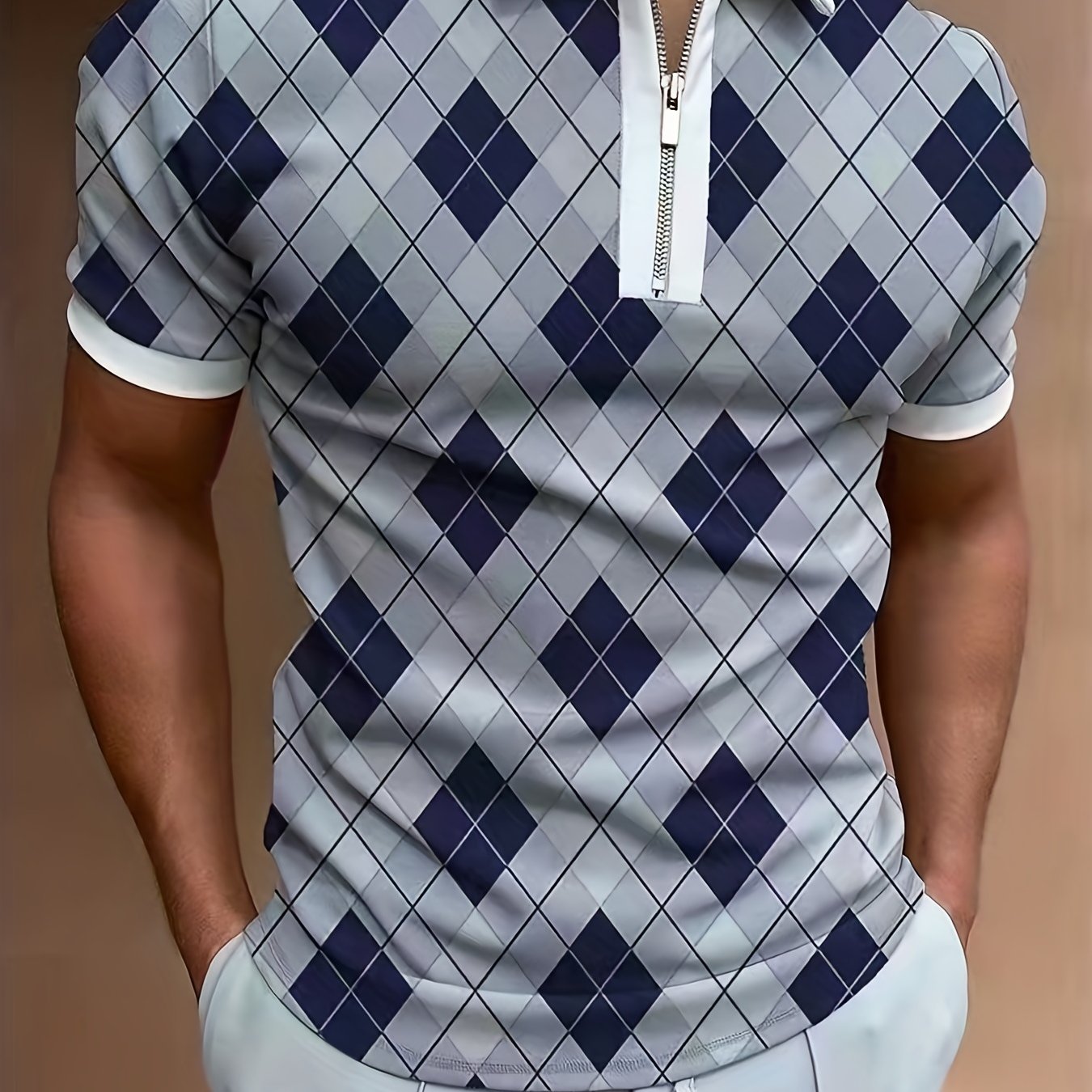 Geometric Pattern Print Men's Casual Short Sleeves Zipper Graphic Shirts, Lapel Collar Tops Pullovers, Men's Clothing For Summer