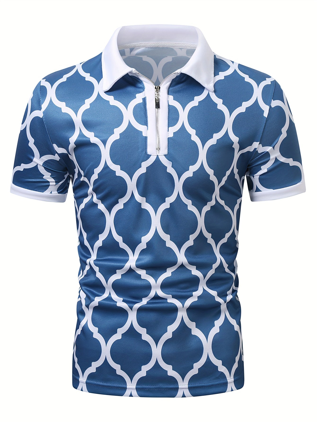 Geometric Pattern Print Men's Casual Short Sleeves Zipper Graphic Shirts, Lapel Collar Tops Pullovers, Men's Clothing For Summer