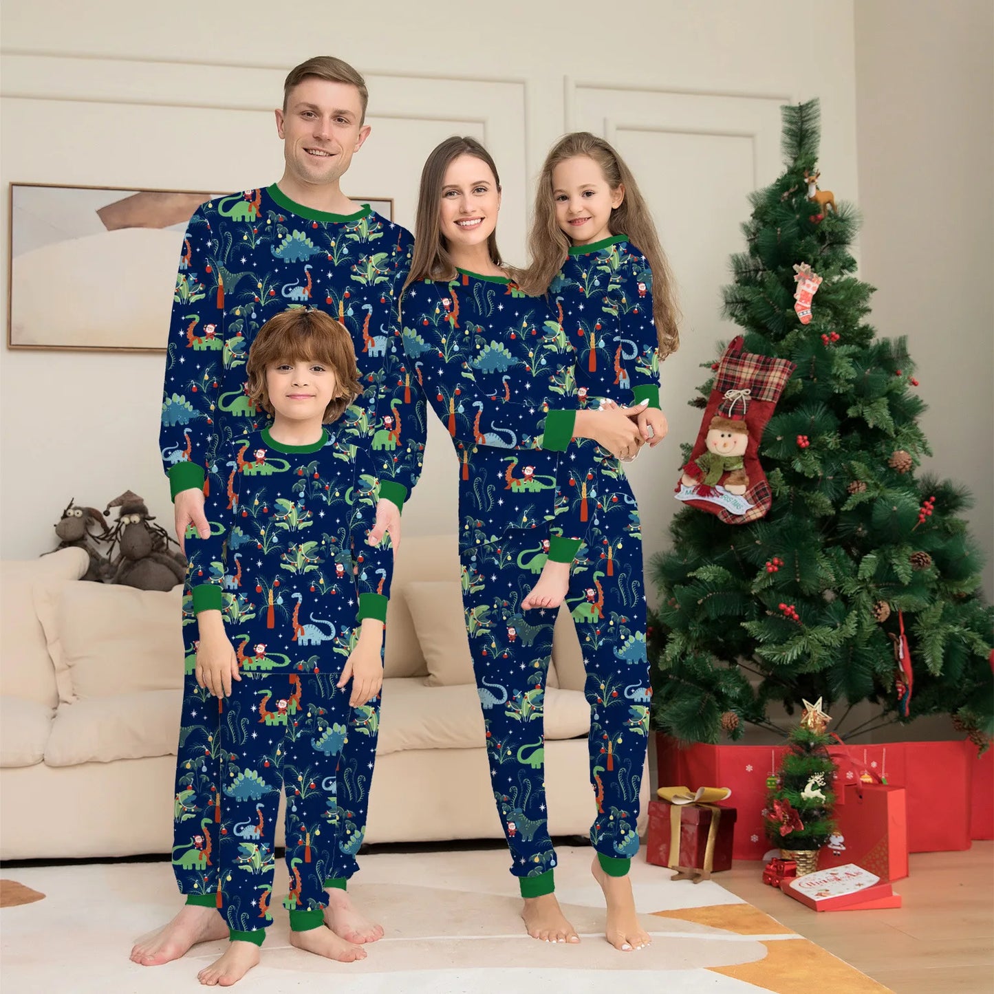 Amazing Cross-border Cotton Printed Family Baby Boys and Girls Baby With Dog European Dinosaur Christmas Parent-child Pajamas