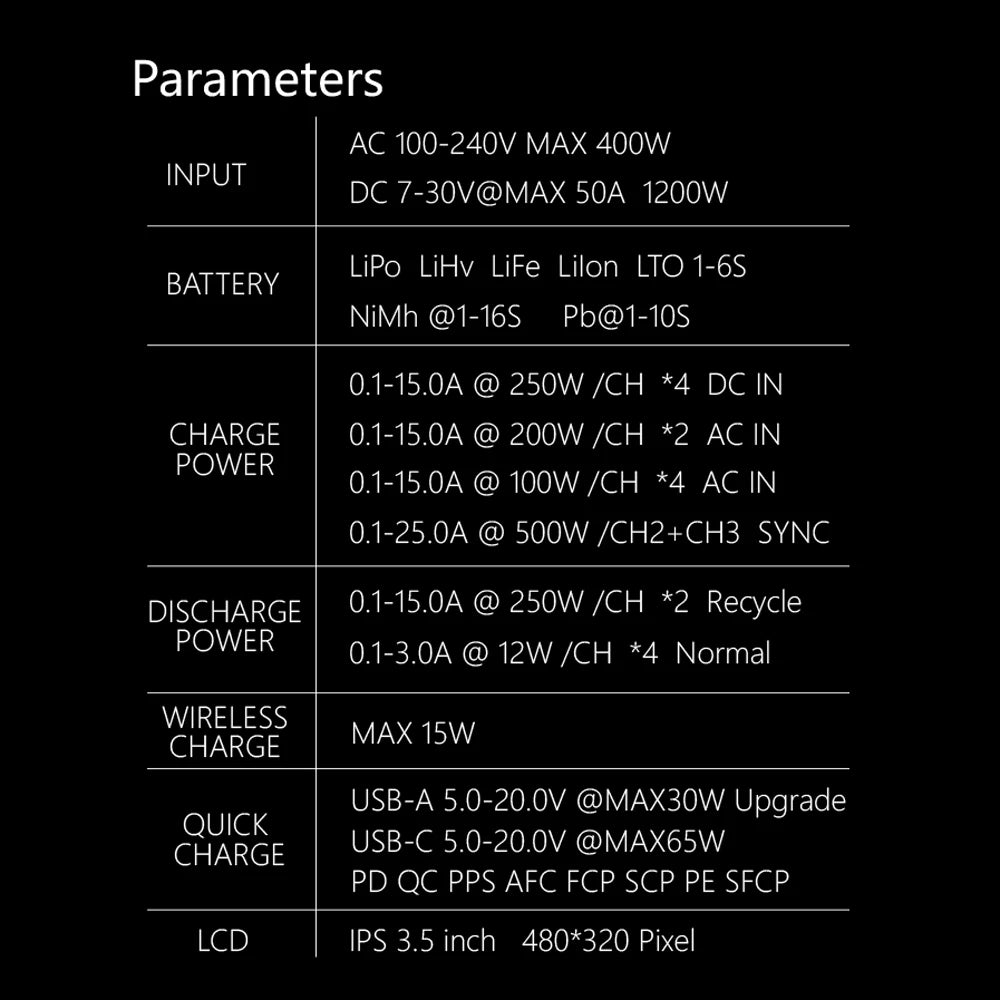 ToolkitRC Q6AC Charger AC 400W/DC 1000W 4CH output Built-in 65W USB A/TYPEC Output ,LiPo, 1-6S,NiMH 1-16S,PB 1-10S Charger IPS