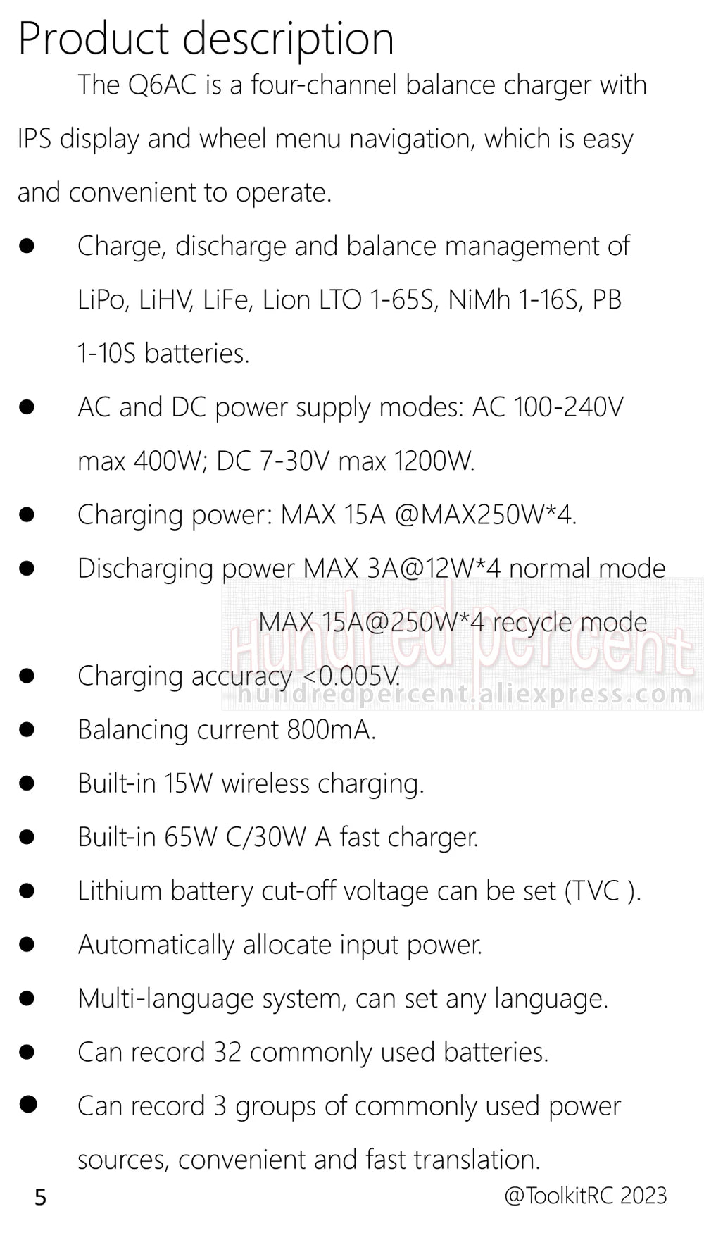 ToolkitRC Q6AC Charger AC 400W/DC 1000W 4CH output Built-in 65W USB A/TYPEC Output ,LiPo, 1-6S,NiMH 1-16S,PB 1-10S Charger IPS