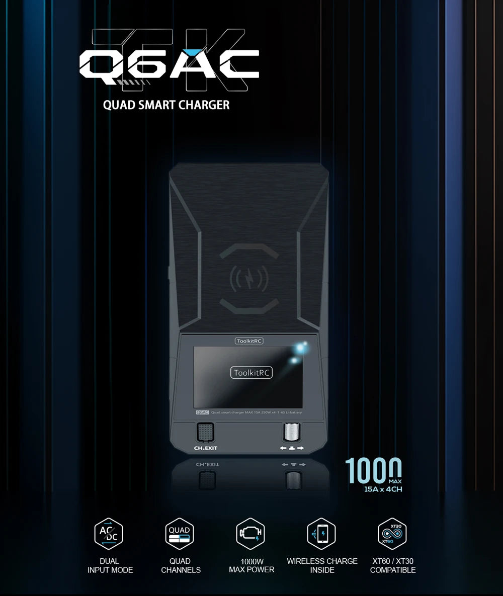 ToolkitRC Q6AC Charger AC 400W/DC 1000W 4CH output Built-in 65W USB A/TYPEC Output ,LiPo, 1-6S,NiMH 1-16S,PB 1-10S Charger IPS