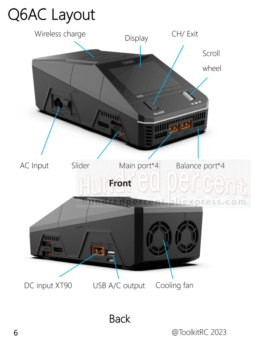 ToolkitRC Q6AC Charger AC 400W/DC 1000W 4CH output Built-in 65W USB A/TYPEC Output ,LiPo, 1-6S,NiMH 1-16S,PB 1-10S Charger IPS