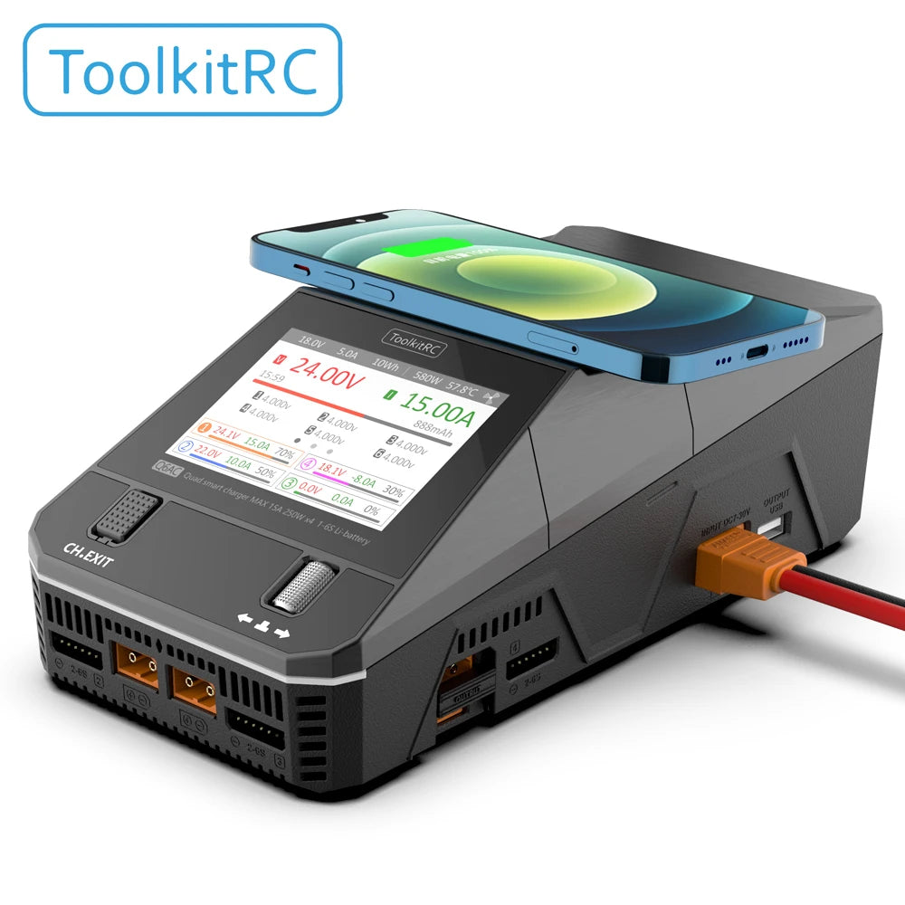 ToolkitRC Q6AC Charger AC 400W/DC 1000W 4CH output Built-in 65W USB A/TYPEC Output ,LiPo, 1-6S,NiMH 1-16S,PB 1-10S Charger IPS