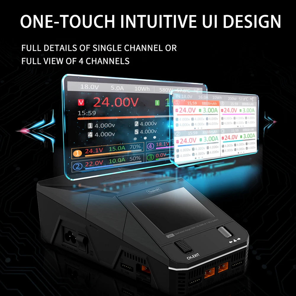 ToolkitRC Q6AC Charger AC 400W/DC 1000W 4CH output Built-in 65W USB A/TYPEC Output ,LiPo, 1-6S,NiMH 1-16S,PB 1-10S Charger IPS