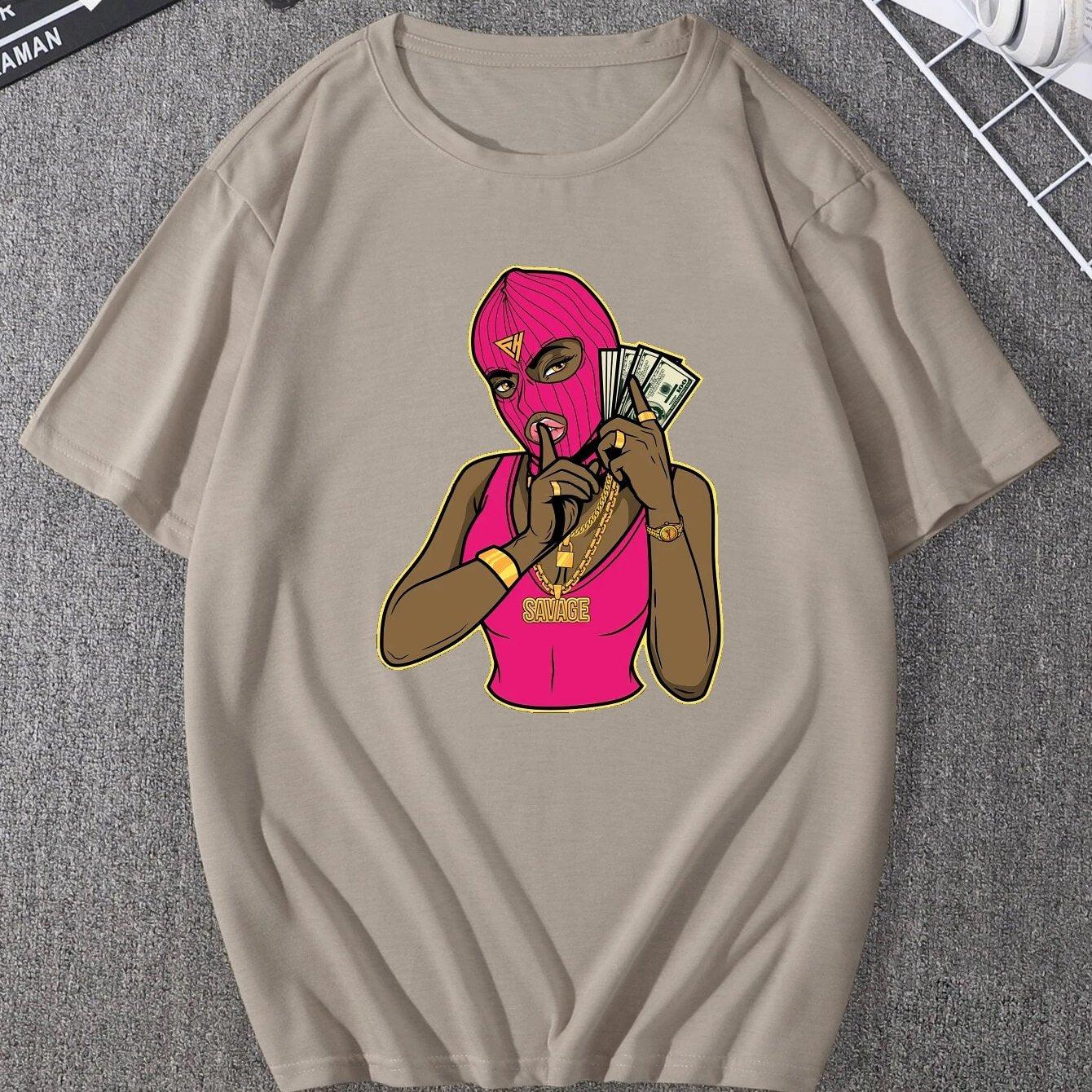 Plus Size Men's Casual Graphic Tees For Summer, Pink Savage Print Crew Neck Oversized T-shirts, Trendy Chic Outfit Men's Clothings